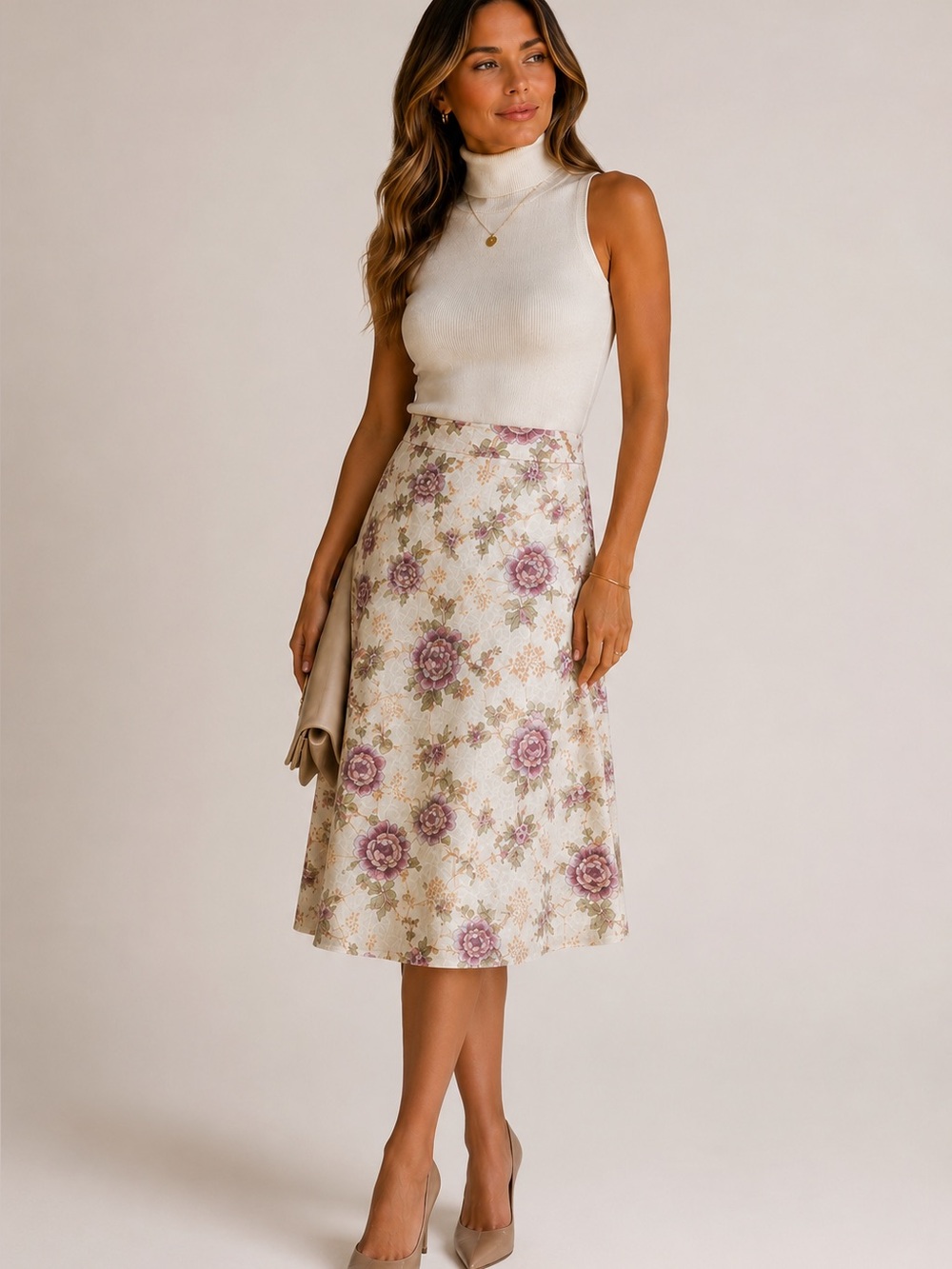 Pendleton Cream Floral Midi Skirt with Mauve and Green Blooms